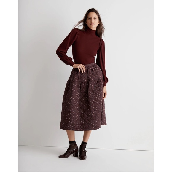 Madewell Quilted Crinkle Floral Midi Skirt - Brown Chocolate Raisin